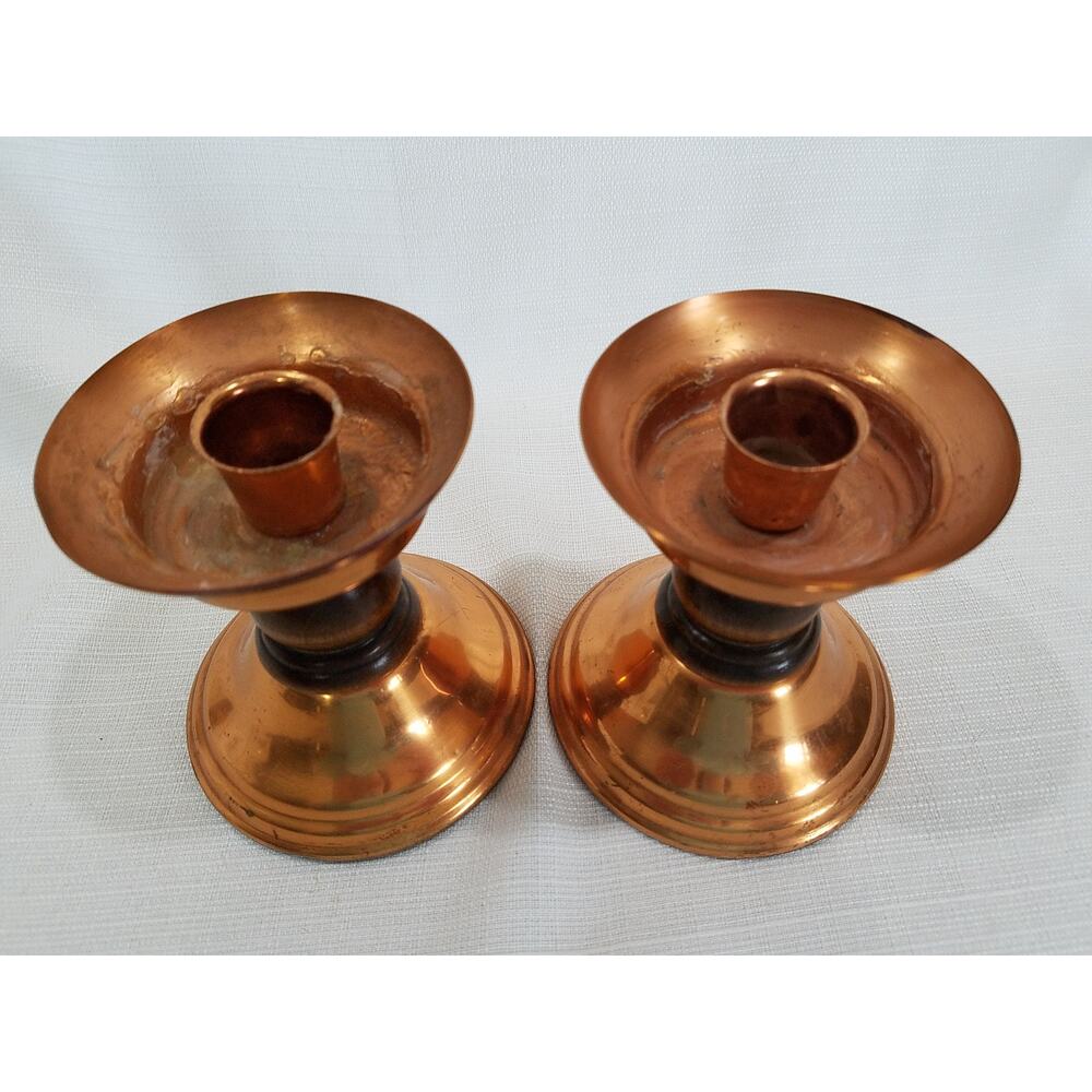 Vintage Copper Plated & Wood Candle Holders - Picture 2 of 6